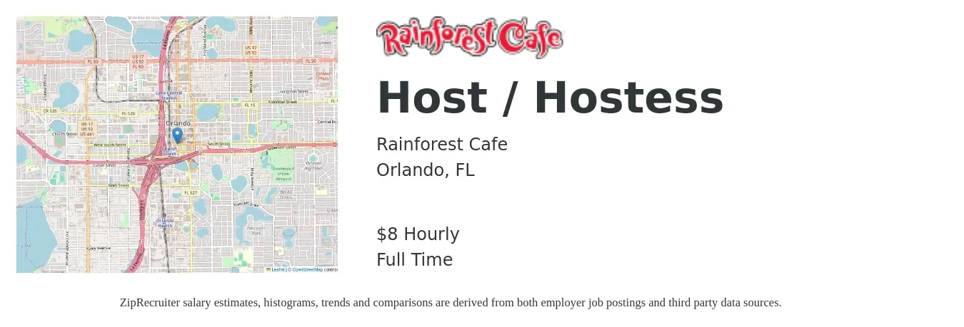 Rainforest Cafe job posting for a Host / Hostess in Orlando, FL with a salary of $9 Hourly with a map of Orlando location.