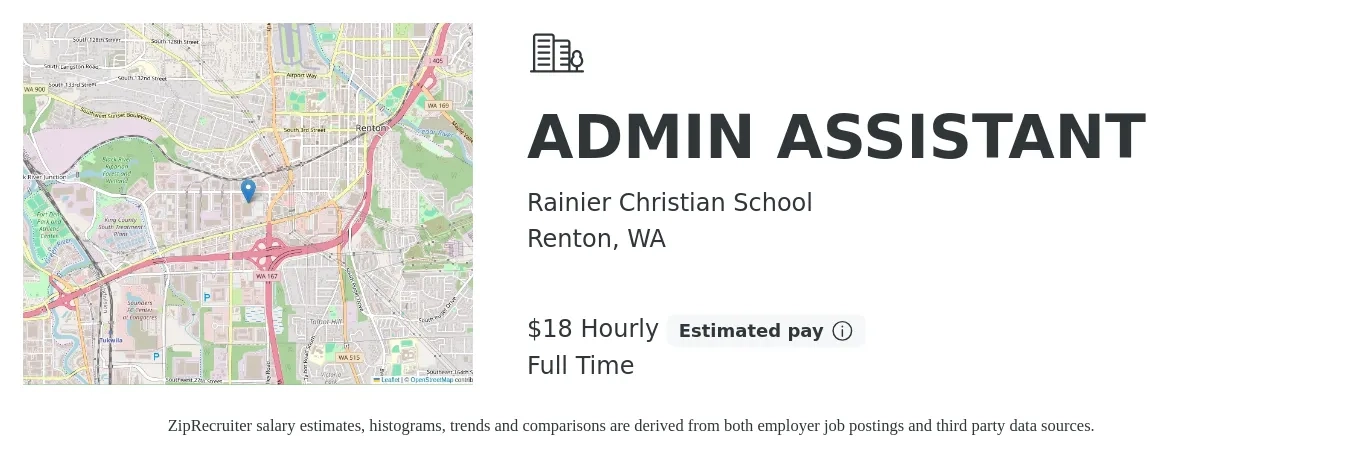Rainier Christian School job posting for a ADMIN ASSISTANT in Renton, WA with a salary of $19 Hourly with a map of Renton location.