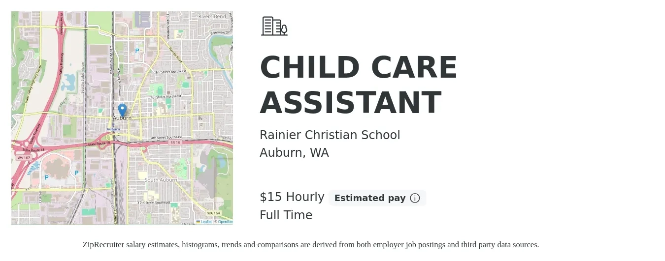 Rainier Christian School job posting for a CHILD CARE ASSISTANT in Auburn, WA with a salary of $16 Hourly with a map of Auburn location.
