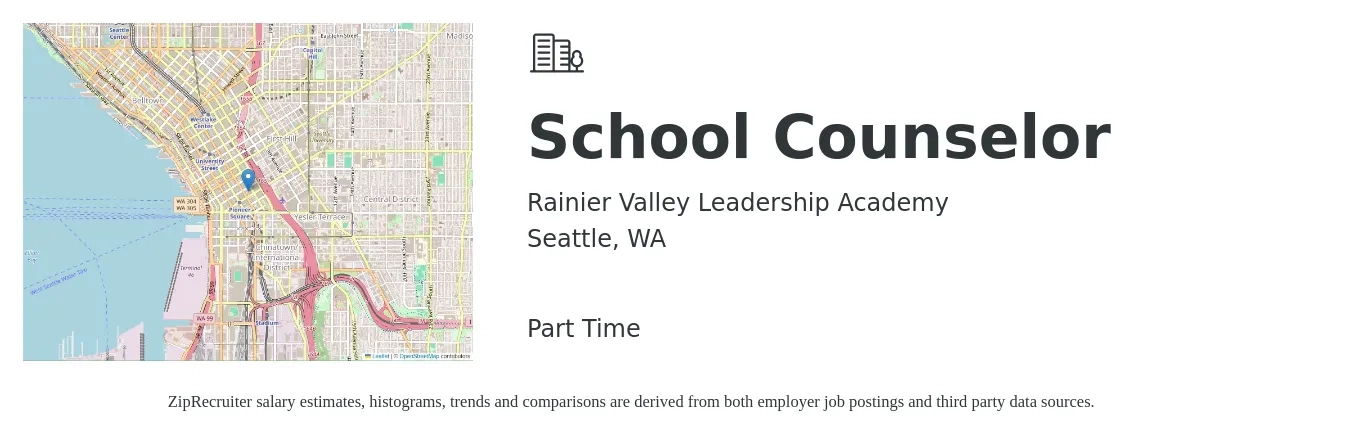 Rainier Valley Leadership Academy job posting for a School Counselor in Seattle, WA with a salary of $71,719 Yearly with a map of Seattle location.