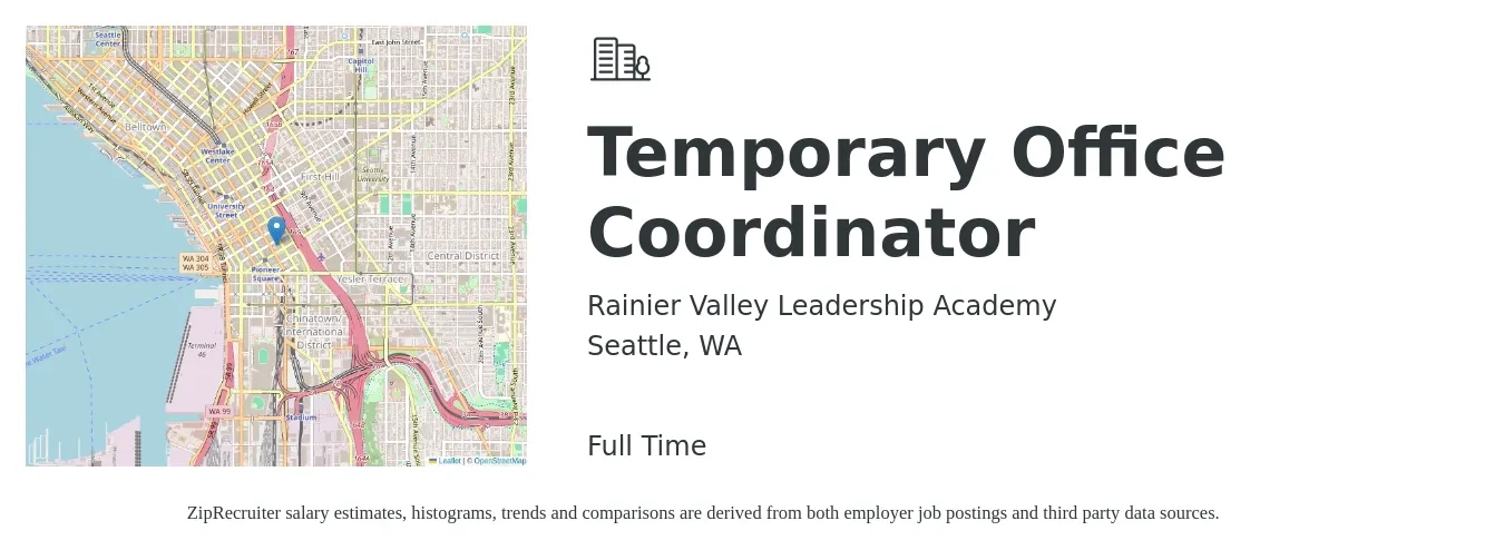 Rainier Valley Leadership Academy job posting for a Temporary Office Coordinator in Seattle, WA with a salary of $26 to $33 Hourly with a map of Seattle location.