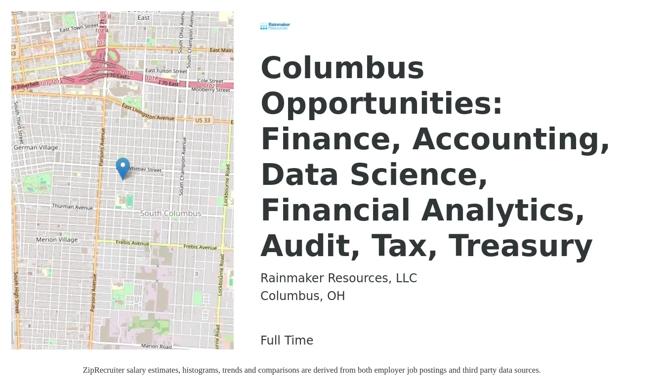 Rainmaker Resources, LLC job posting for a Columbus Opportunities: Finance, Accounting, Data Science, Financial Analytics, Audit, Tax, Treasury in Columbus, OH with a salary of $54,100 to $79,700 Yearly with a map of Columbus location.