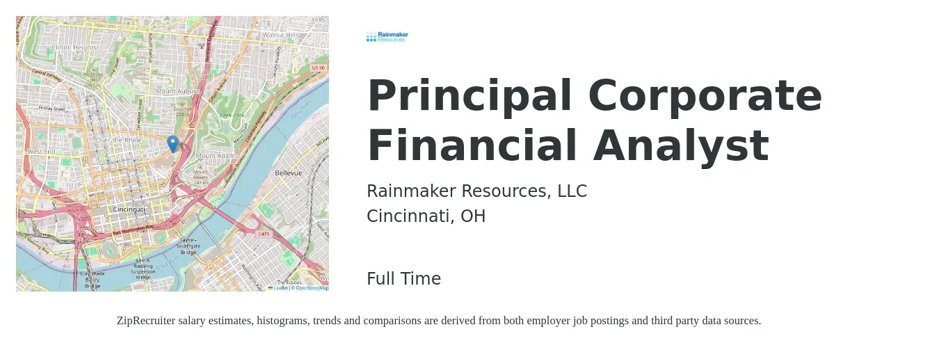 Rainmaker Resources, LLC job posting for a Principal Corporate Financial Analyst in Cincinnati, OH with a salary of $66,700 to $114,200 Yearly with a map of Cincinnati location.