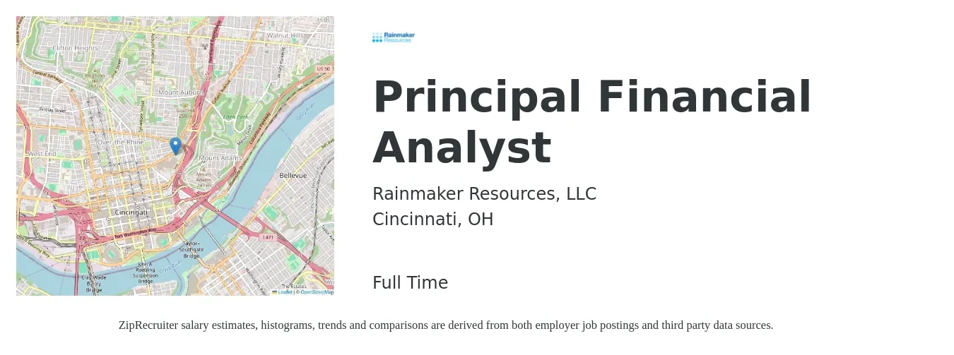 Rainmaker Resources, LLC job posting for a Principal Financial Analyst in Cincinnati, OH with a salary of $67,200 to $106,000 Yearly with a map of Cincinnati location.