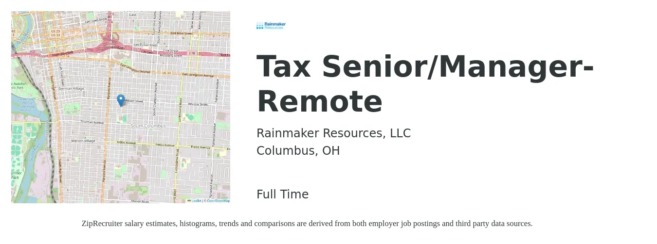 Rainmaker Resources, LLC job posting for a Tax Senior/Manager- Remote in Columbus, OH with a salary of $87,900 to $139,100 Yearly with a map of Columbus location.