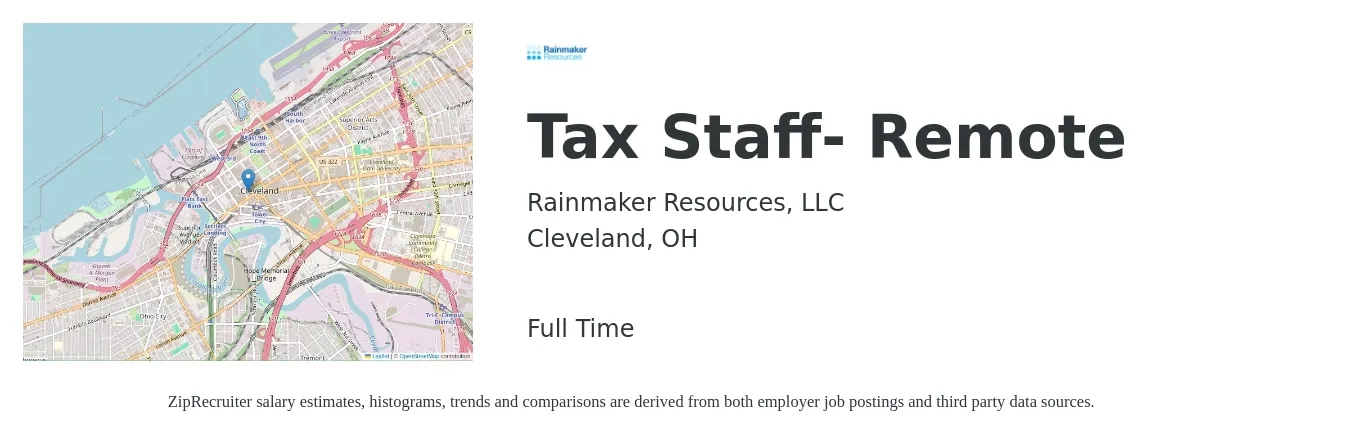 Rainmaker Resources, LLC job posting for a Tax Staff- Remote in Cleveland, OH with a salary of $56,200 to $75,200 Yearly with a map of Cleveland location.