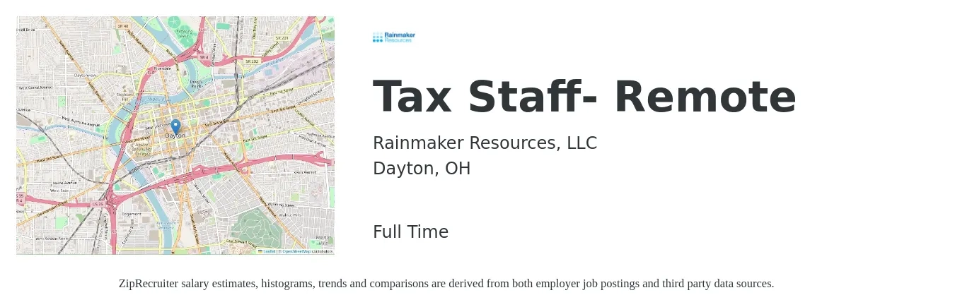 Rainmaker Resources, LLC job posting for a Tax Staff- Remote in Dayton, OH with a salary of $56,400 to $75,300 Yearly with a map of Dayton location.