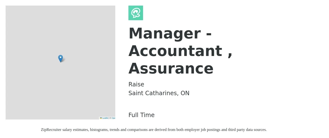 Raise job posting for a Manager - Accountant , Assurance in Saint Catharines, ON with a map of Saint Catharines location.