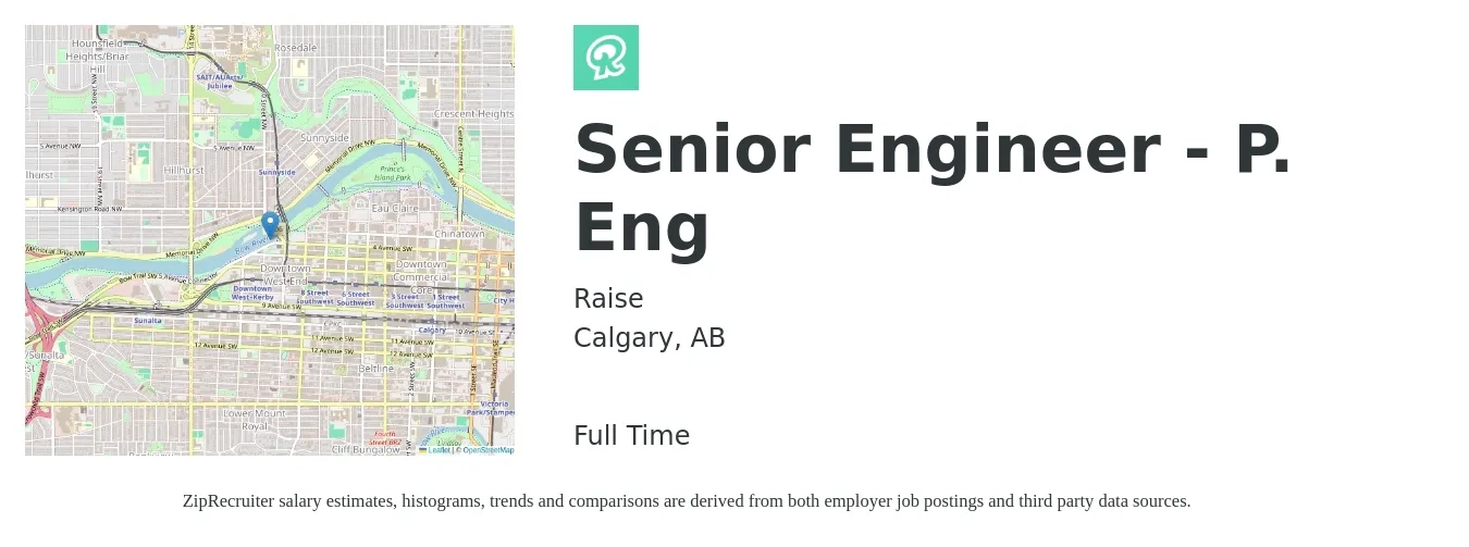 Raise job posting for a Senior Engineer - P. Eng in Calgary, AB with a map of Calgary location.