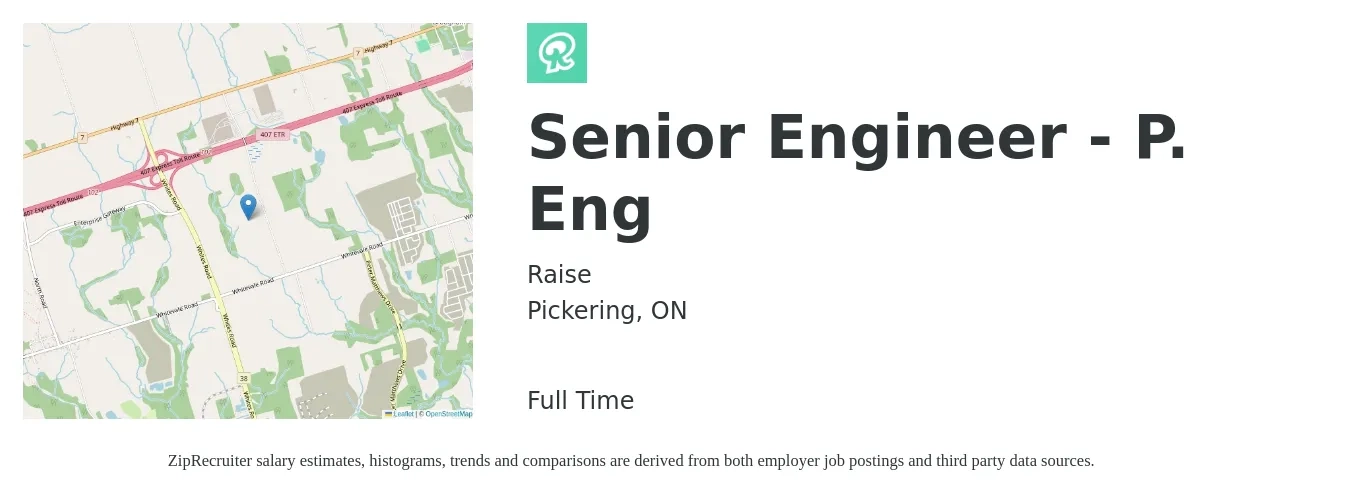 Raise job posting for a Senior Engineer - P. Eng in Pickering, ON with a map of Pickering location.