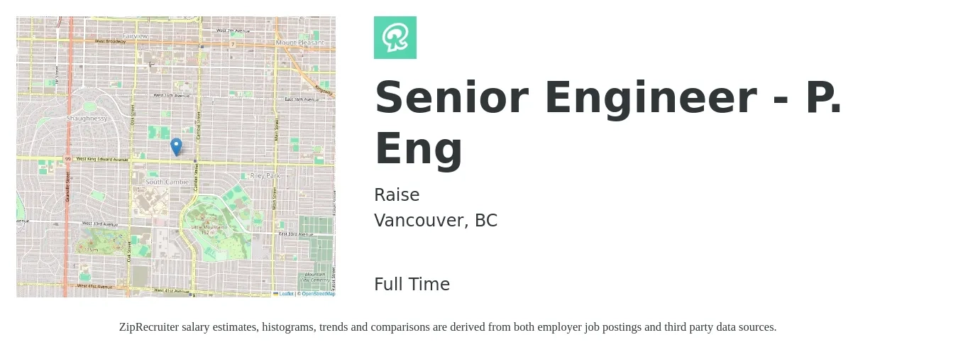 Raise job posting for a Senior Engineer - P. Eng in Vancouver, BC with a map of Vancouver location.