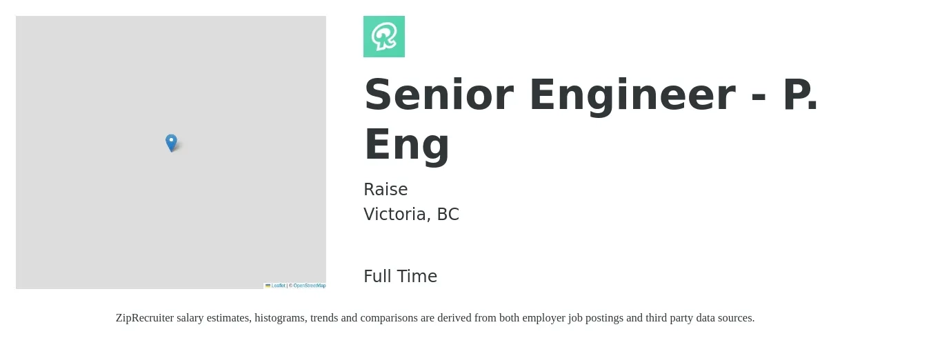 Raise job posting for a Senior Engineer - P. Eng in Victoria, BC with a map of Victoria location.