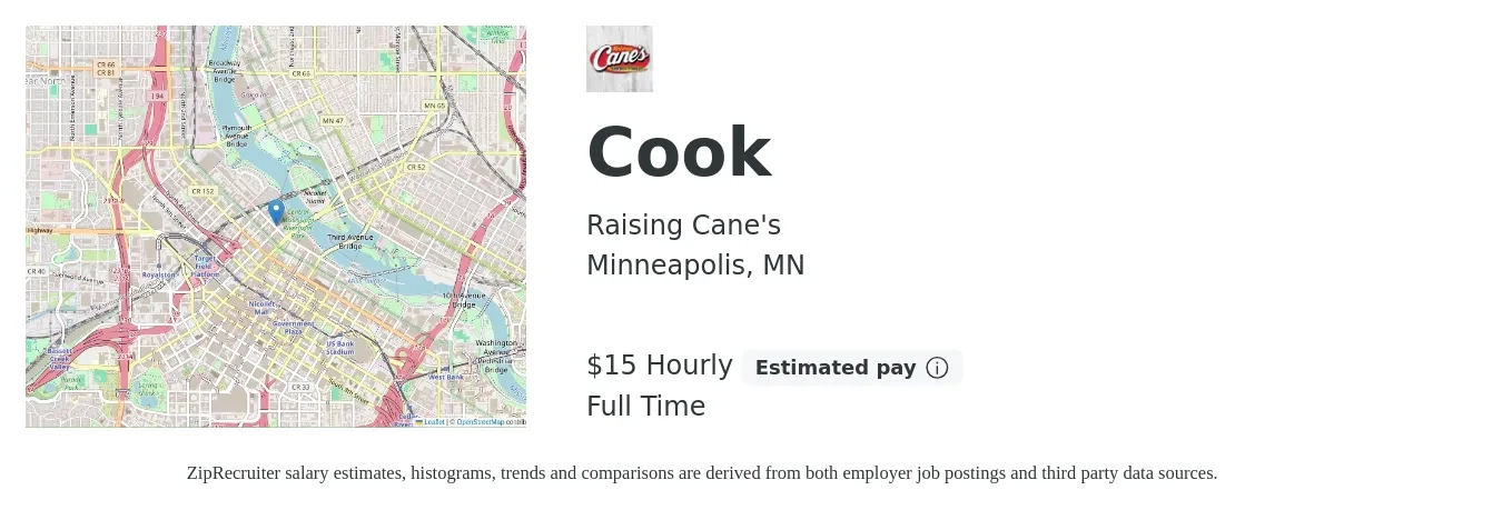 Raising Cane's job posting for a Cook in Minneapolis, MN with a salary of $15 Hourly with a map of Minneapolis location.