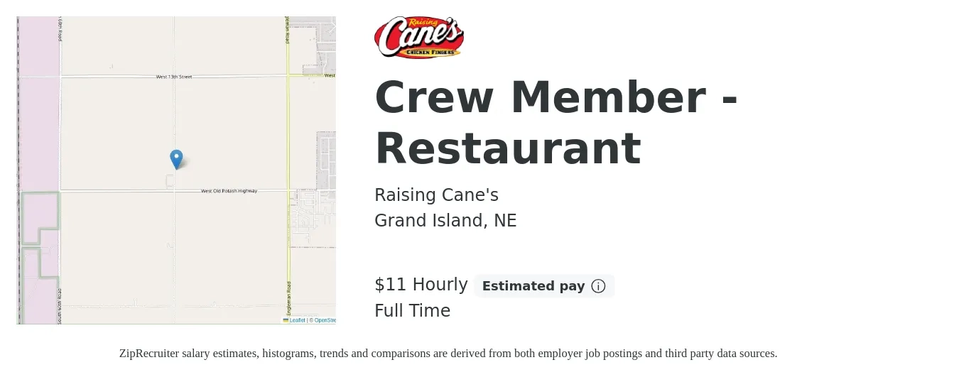 Raising Cane's job posting for a Crew Member - Restaurant in Grand Island, NE with a salary of $12 Hourly with a map of Grand Island location.