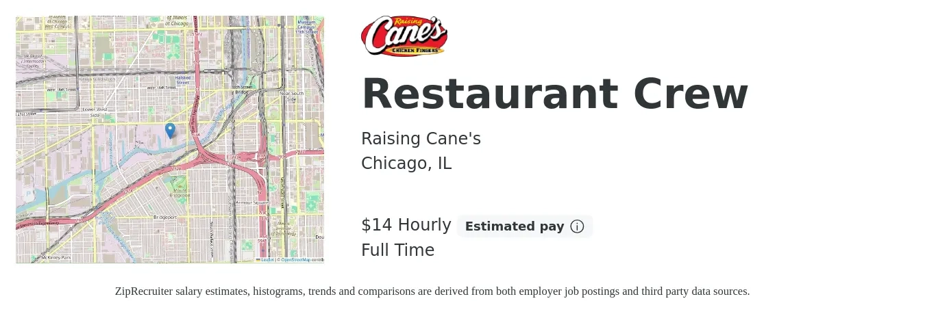 Raising Cane's job posting for a Restaurant Crew in Chicago, IL with a salary of $16 Hourly with a map of Chicago location.