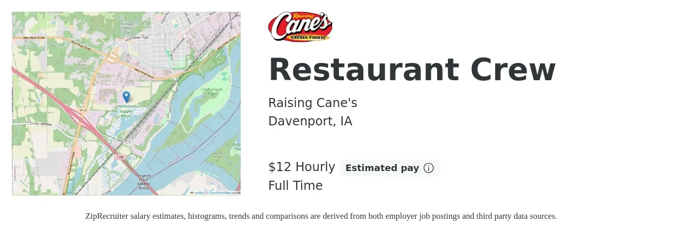 Raising Cane's job posting for a Restaurant Crew in Davenport, IA with a salary of $13 Hourly with a map of Davenport location.
