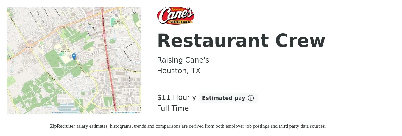Raising Cane's job posting for a Restaurant Crew in Houston, TX with a salary of $12 Hourly with a map of Houston location.
