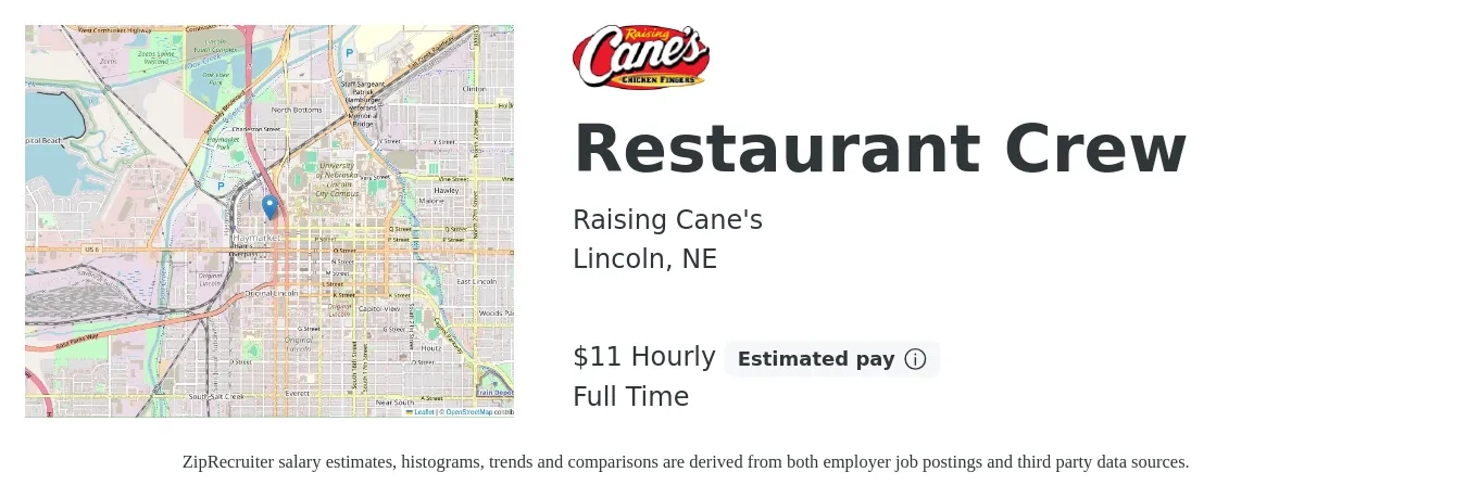 Raising Cane's job posting for a Restaurant Crew in Lincoln, NE with a salary of $12 Hourly with a map of Lincoln location.