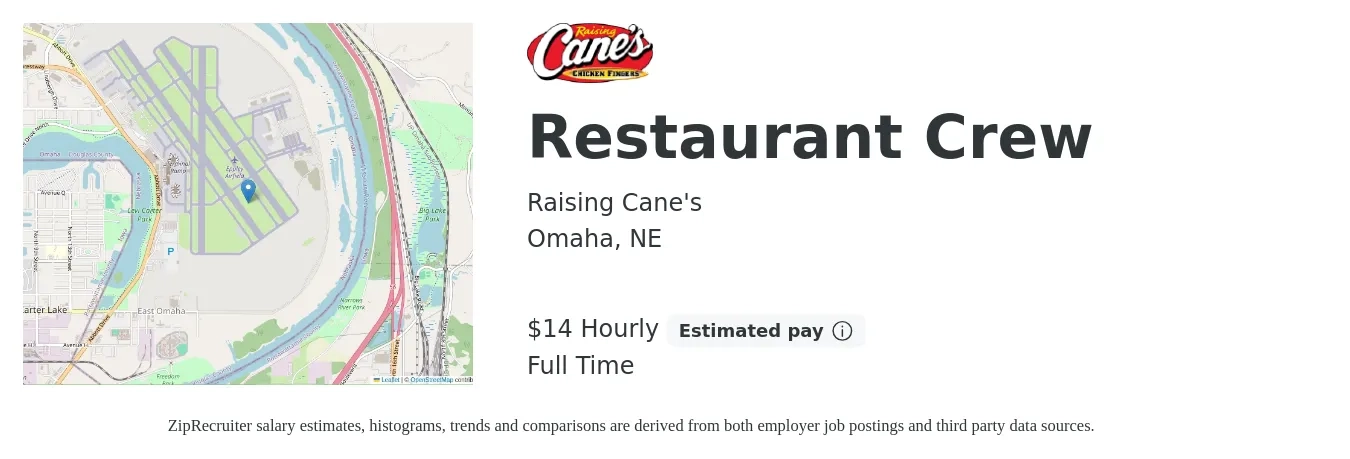 Raising Cane's job posting for a Restaurant Crew in Omaha, NE with a salary of $12 Hourly with a map of Omaha location.