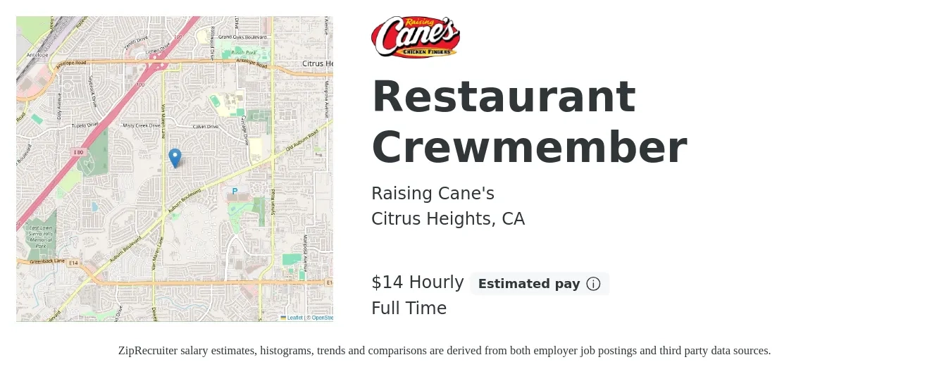 Raising Cane's job posting for a Restaurant Crewmember in Citrus Heights, CA with a salary of $16 Hourly with a map of Citrus Heights location.