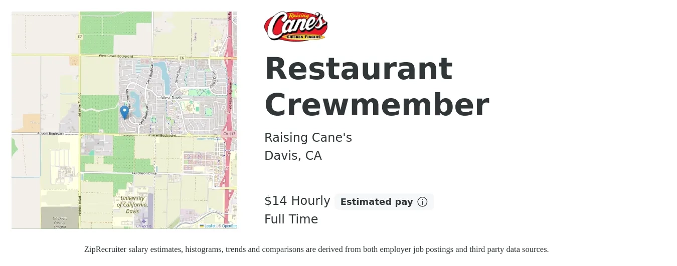 Raising Cane's job posting for a Restaurant Crewmember in Davis, CA with a salary of $16 Hourly with a map of Davis location.