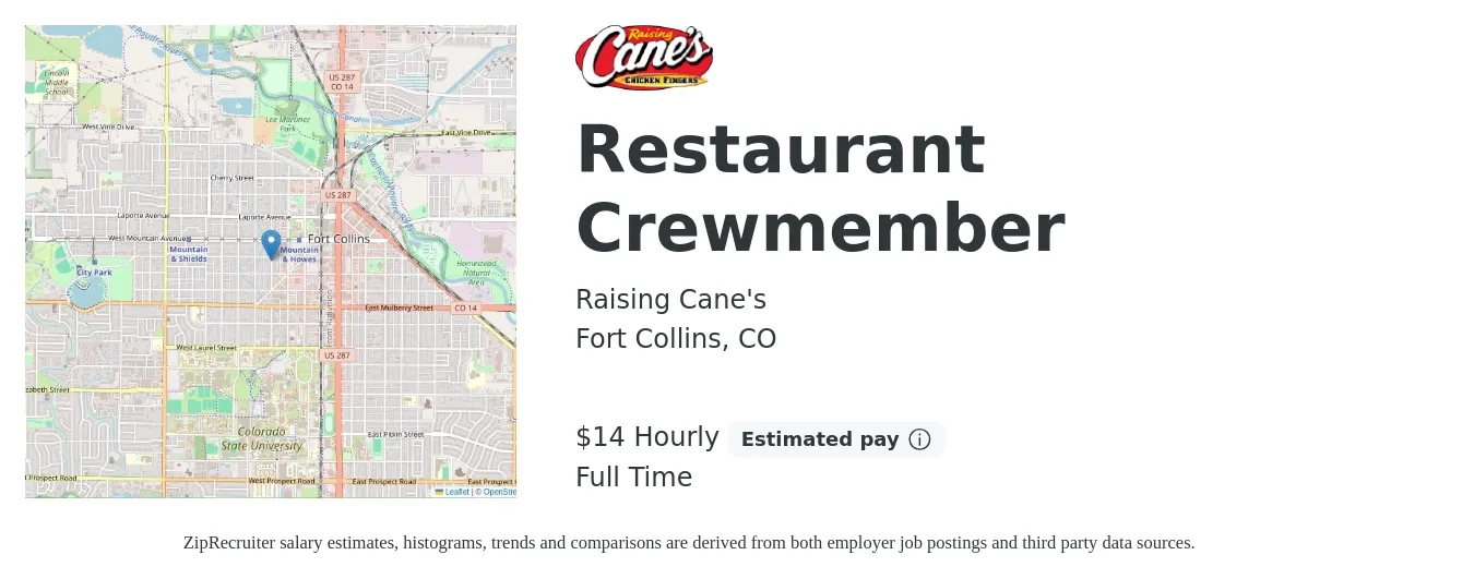 Raising Cane's job posting for a Restaurant Crewmember in Fort Collins, CO with a salary of $15 Hourly with a map of Fort Collins location.