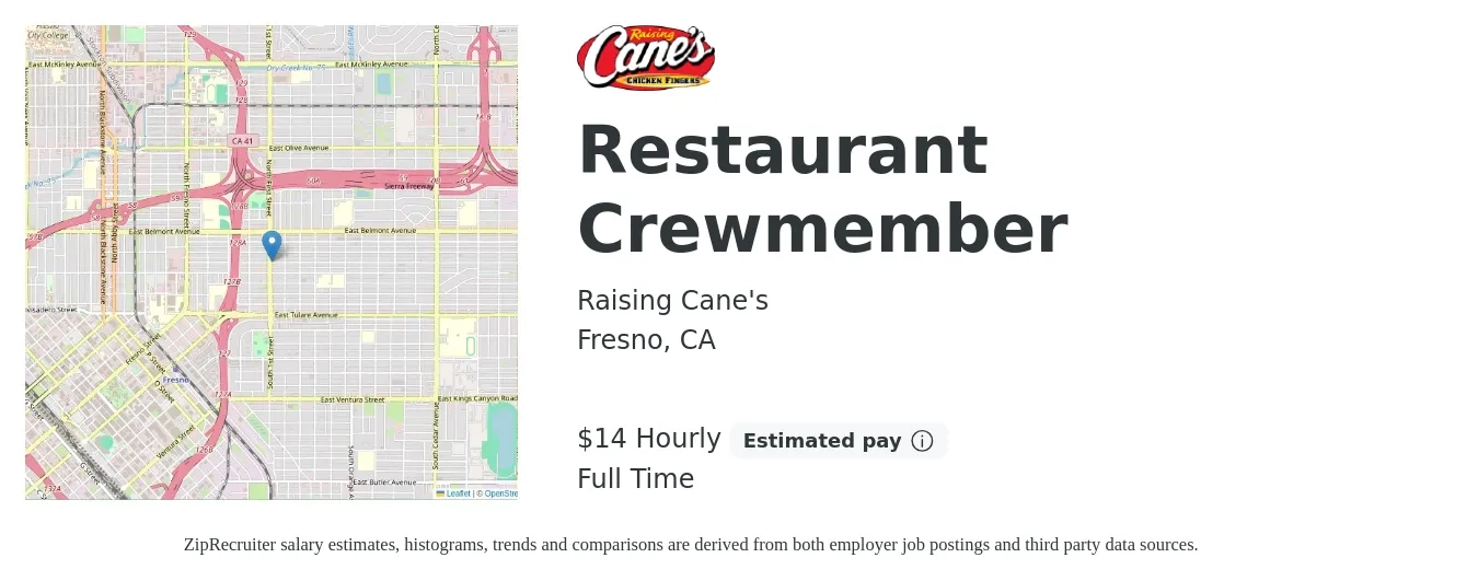 Raising Cane's job posting for a Restaurant Crewmember in Fresno, CA with a salary of $16 Hourly with a map of Fresno location.