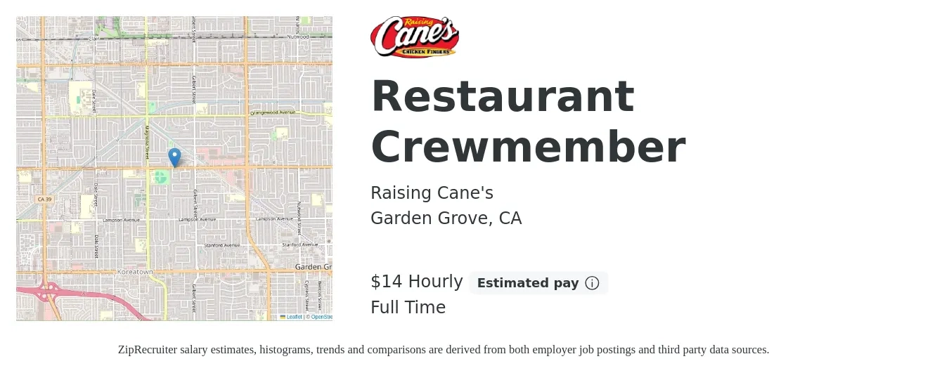Raising Cane's job posting for a Restaurant Crewmember in Garden Grove, CA with a salary of $16 Hourly with a map of Garden Grove location.