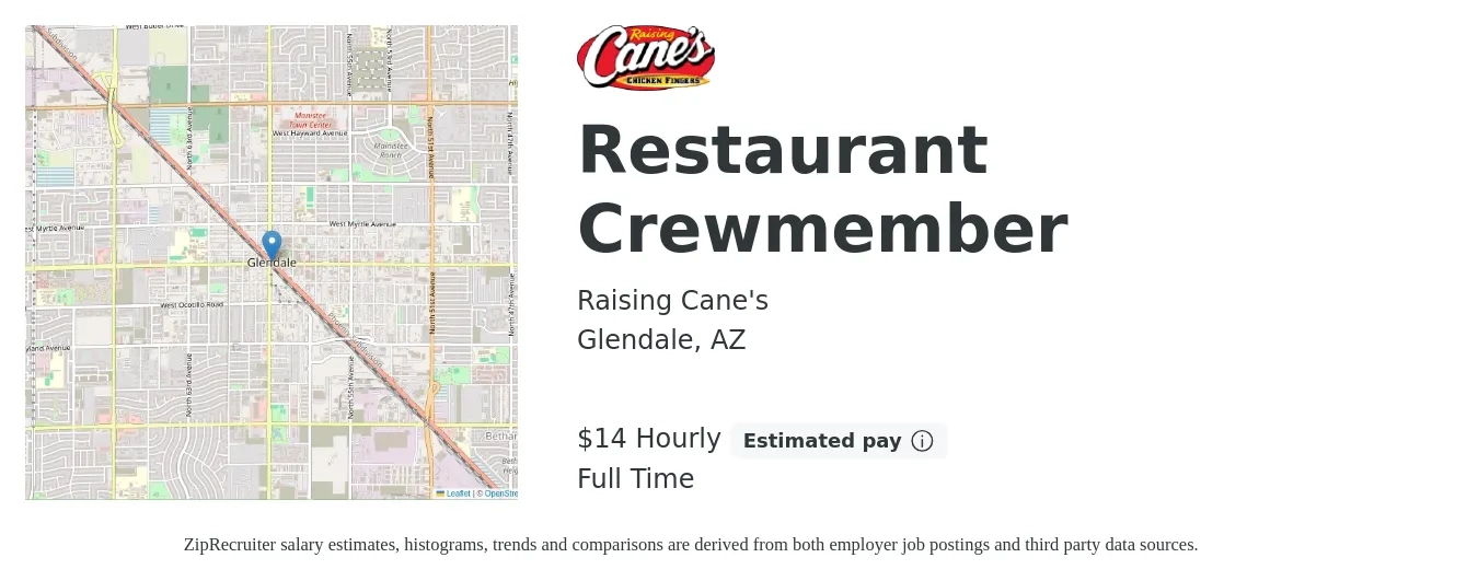 Raising Cane's job posting for a Restaurant Crewmember in Glendale, AZ with a salary of $15 Hourly with a map of Glendale location.