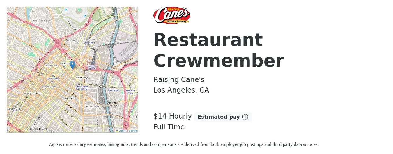 Raising Cane's job posting for a Restaurant Crewmember in Los Angeles, CA with a salary of $16 Hourly with a map of Los Angeles location.