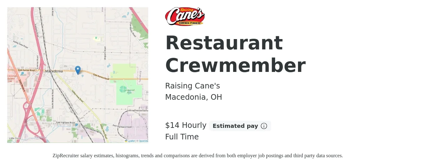 Raising Cane's job posting for a Restaurant Crewmember in Macedonia, OH with a salary of $15 Hourly with a map of Macedonia location.
