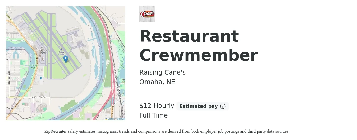 Raising Cane's job posting for a Restaurant Crewmember in Omaha, NE with a salary of $14 Hourly with a map of Omaha location.