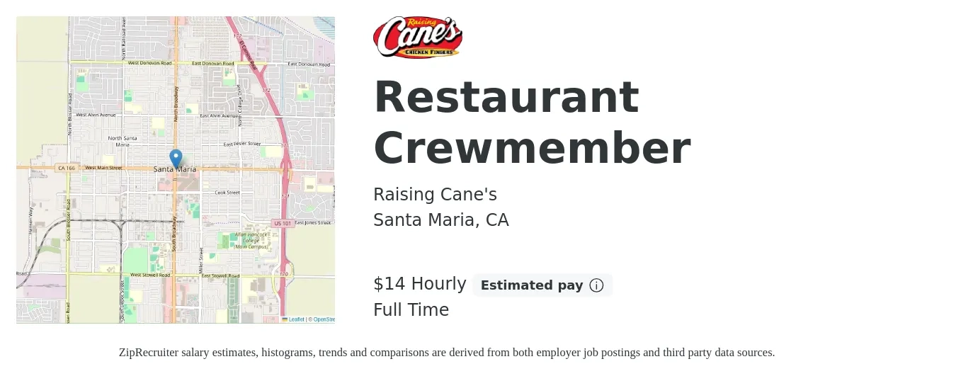 Raising Cane's job posting for a Restaurant Crewmember in Santa Maria, CA with a salary of $16 Hourly with a map of Santa Maria location.