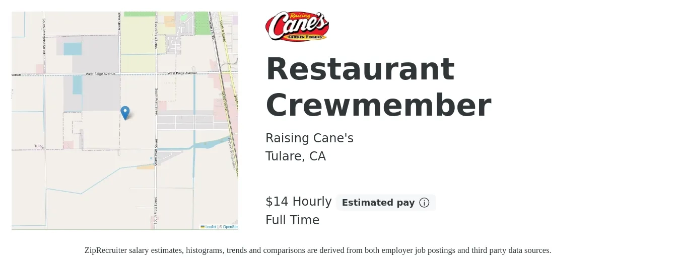 Raising Cane's job posting for a Restaurant Crewmember in Tulare, CA with a salary of $16 Hourly with a map of Tulare location.