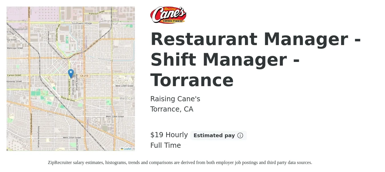 Raising Cane's job posting for a Restaurant Manager - Shift Manager - Torrance in Torrance, CA with a salary of $20 Hourly with a map of Torrance location.
