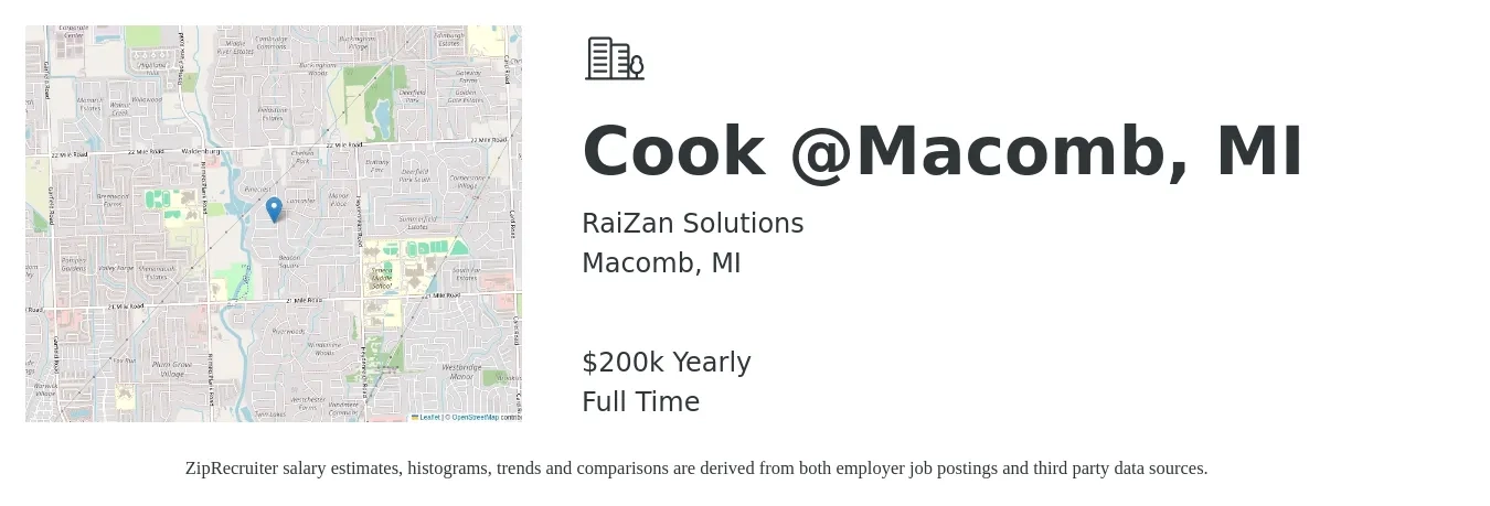 RaiZan Solutions job posting for a Cook @Macomb, MI in Macomb, MI with a salary of $200,000 Yearly with a map of Macomb location.