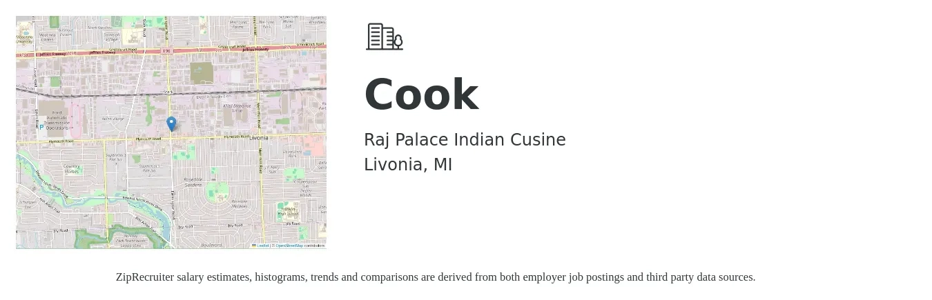 Raj Palace Indian Cusine job posting for a Cook in Livonia, MI with a salary of $12 to $16 Hourly with a map of Livonia location.