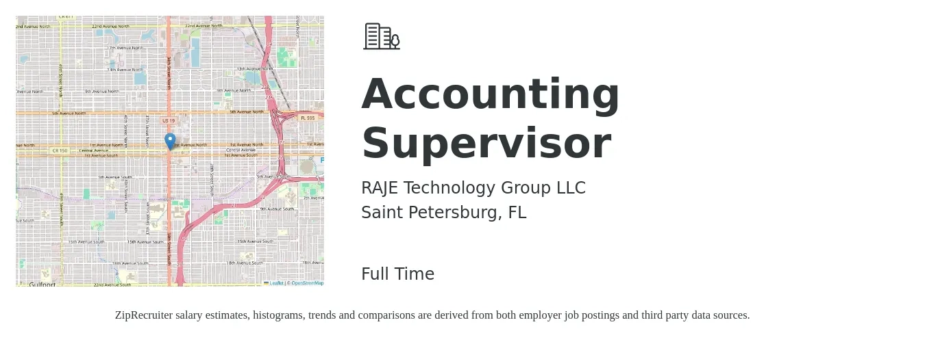 RAJE Technology Group LLC job posting for a Accounting Supervisor in Saint Petersburg, FL with a salary of $72,100 to $103,500 Yearly with a map of Saint Petersburg location.