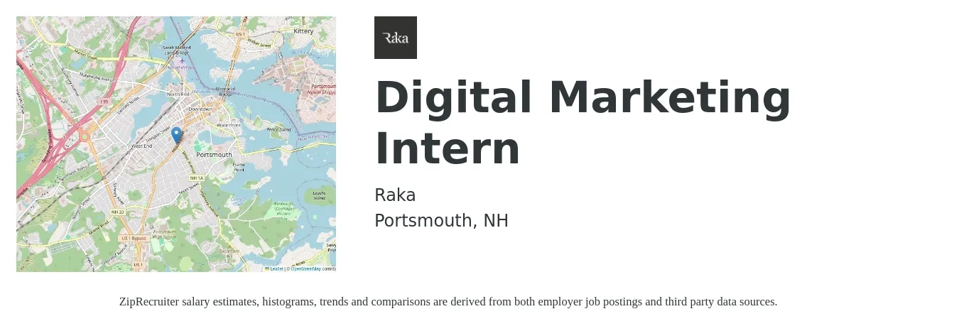 Raka job posting for a Digital Marketing Intern in Portsmouth, NH with a salary of $14 to $19 Hourly with a map of Portsmouth location.