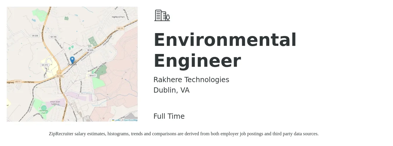 Rakhere Technologies job posting for a Environmental Engineer in Dublin, VA with a salary of $63,500 to $93,800 Yearly with a map of Dublin location.