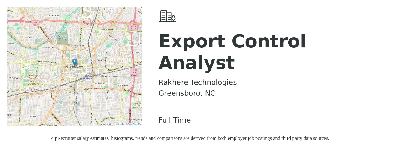 Rakhere Technologies job posting for a Export Control Analyst in Greensboro, NC with a salary of $22 to $51 Hourly with a map of Greensboro location.