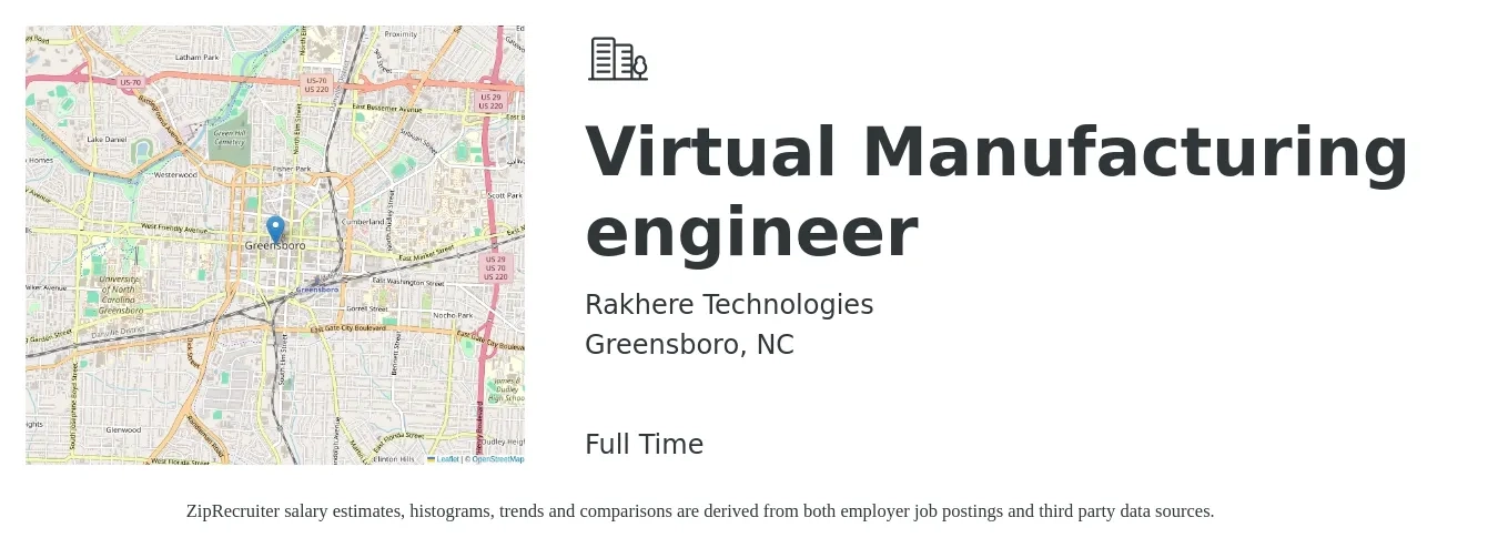 Rakhere Technologies job posting for a Virtual Manufacturing engineer in Greensboro, NC with a salary of $70,700 to $91,100 Yearly with a map of Greensboro location.