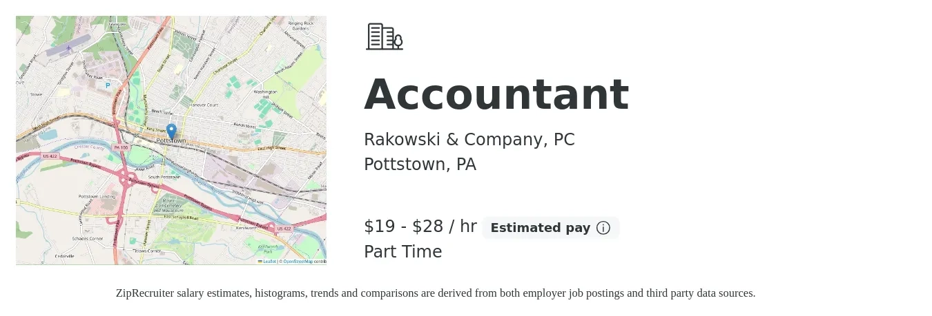 Rakowski & Company, PC job posting for a Accountant in Pottstown, PA with a salary of $20 to $30 Hourly and benefits including pto with a map of Pottstown location.
