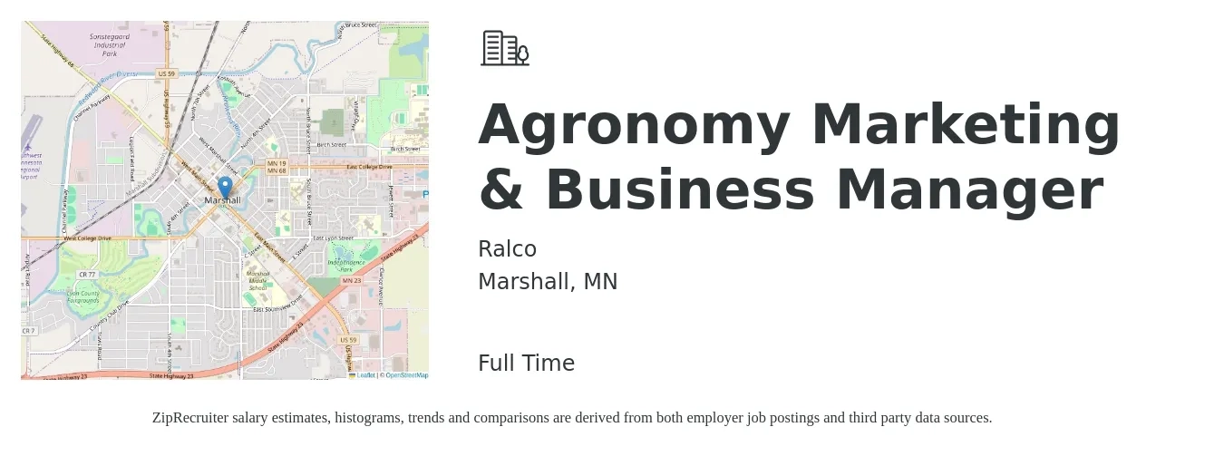 Ralco job posting for a Agronomy Marketing & Business Manager in Marshall, MN with a salary of $59,400 to $97,100 Yearly with a map of Marshall location.
