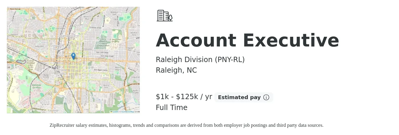 Raleigh Division (PNY-RL) job posting for a Account Executive in Raleigh, NC with a salary of $1,000 to $125,000 Yearly with a map of Raleigh location.