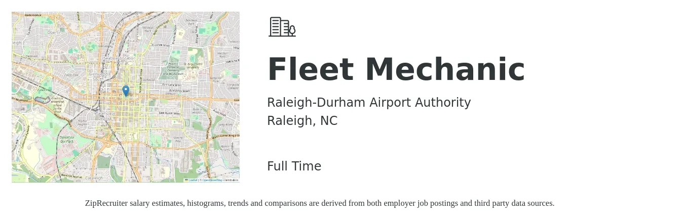 Raleigh-Durham Airport Authority job posting for a Fleet Mechanic in Raleigh, NC with a salary of $24 to $30 Hourly with a map of Raleigh location.
