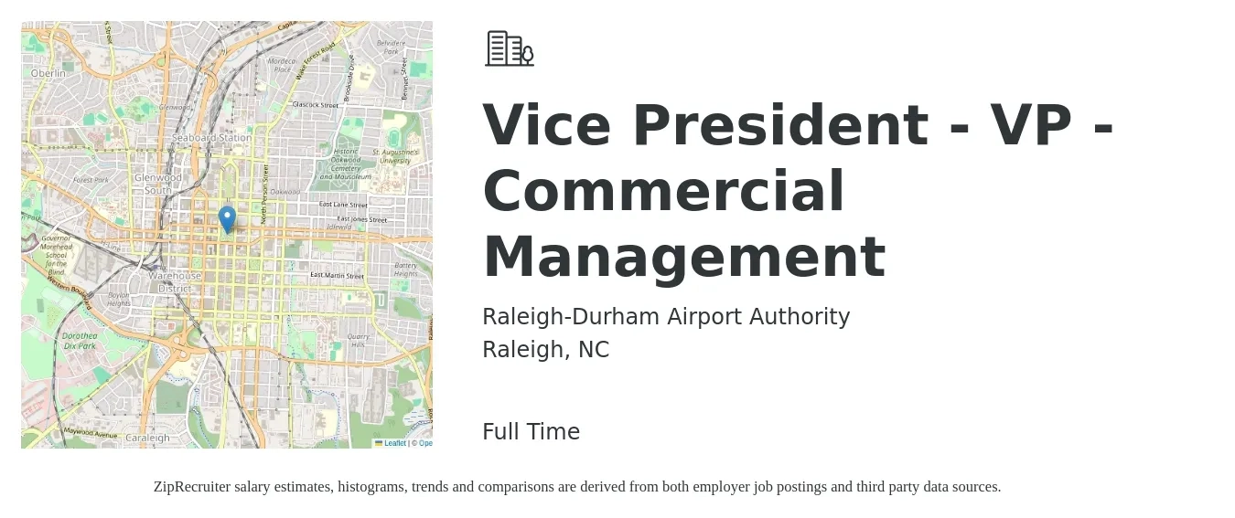 Raleigh-Durham Airport Authority job posting for a Vice President - VP - Commercial Management in Raleigh, NC with a salary of $111,800 to $184,700 Yearly with a map of Raleigh location.