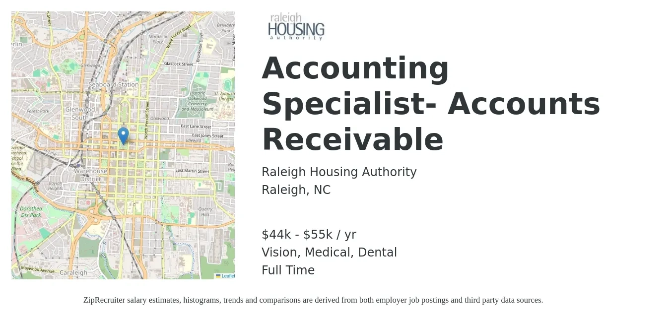 Raleigh Housing Authority job posting for a Accounting Specialist- Accounts Receivable in Raleigh, NC with a salary of $44,468 to $55,760 Yearly and benefits including medical, retirement, vision, dental, and life_insurance with a map of Raleigh location.