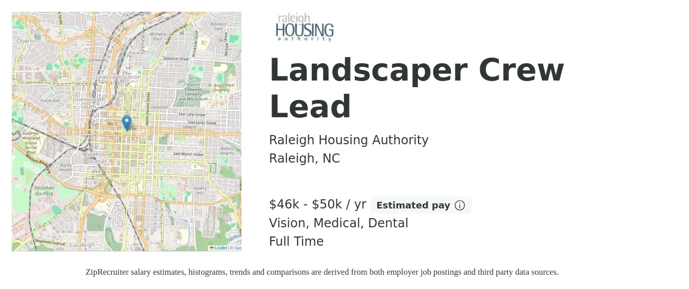 Raleigh Housing Authority job posting for a Landscaper Crew Lead in Raleigh, NC with a salary of $46,930 to $50,687 Yearly and benefits including life_insurance, medical, retirement, vision, and dental with a map of Raleigh location.