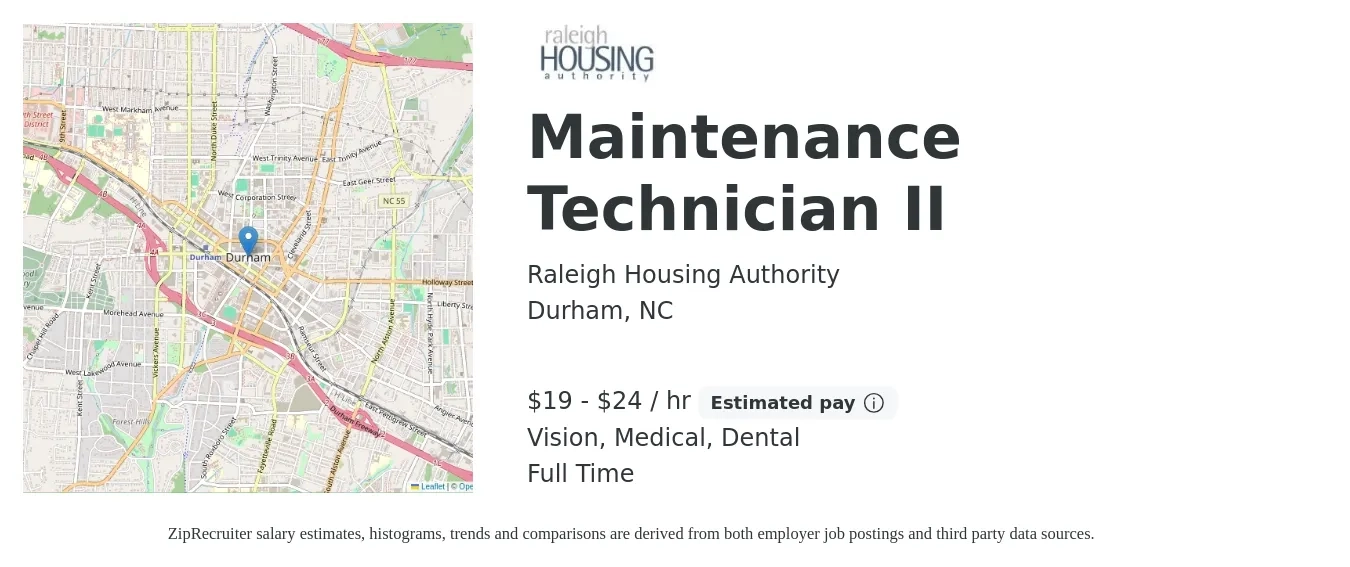 Raleigh Housing Authority job posting for a Maintenance Technician II in Durham, NC with a salary of $21 to $26 Hourly and benefits including dental, life_insurance, medical, retirement, and vision with a map of Durham location.